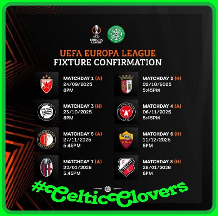 Alison McMahon (@alisonmcmahon88) on Twitter photo 🍀📆 Our <a href="/EuropaLeague/">UEFA Europa League</a> fixtures & dates have been confirmed!
#UEL | #CelticFC | #CelticClovers 🍀🍀 🍀📆 Our <a href="/EuropaLeague/">UEFA Europa League</a> fixtures & dates have been confirmed!
#UEL | #CelticFC | #CelticClovers 🍀🍀