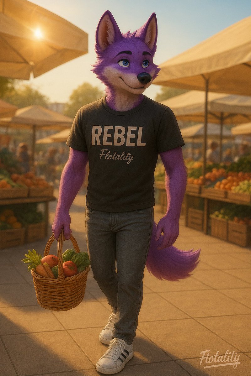 Flotal1ty's tweet image. Saturday sun, the market’s alive, 🌞
Purple Coyote with weekend vibes. 🧺
Fresh fruits, sneakers on the street,
Life feels brighter, simple, sweet. ✨ #WeekendFlow #Flotal1ty #AIArtists #digitalart #AIArtistCommunity