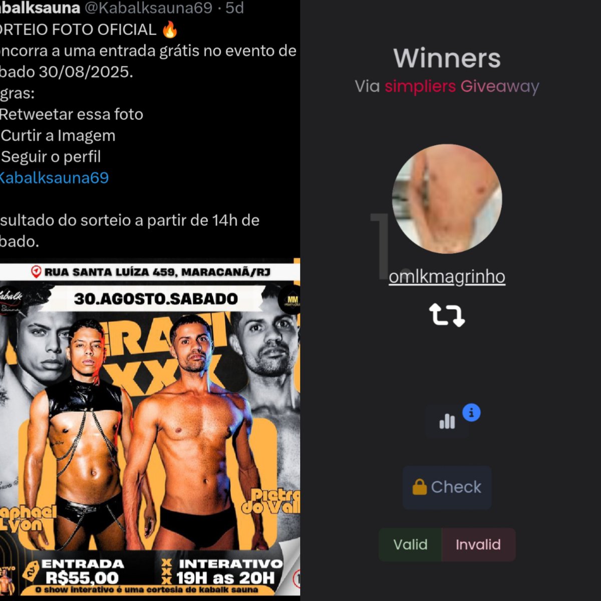 Parabéns <a href="/omlkmagrinho/">Da marquinha 🩲</a> ,
Você ganhou uma entrada grátis para o evento de hoje 30/08/2025 sábado.
Olhe sua Dm.