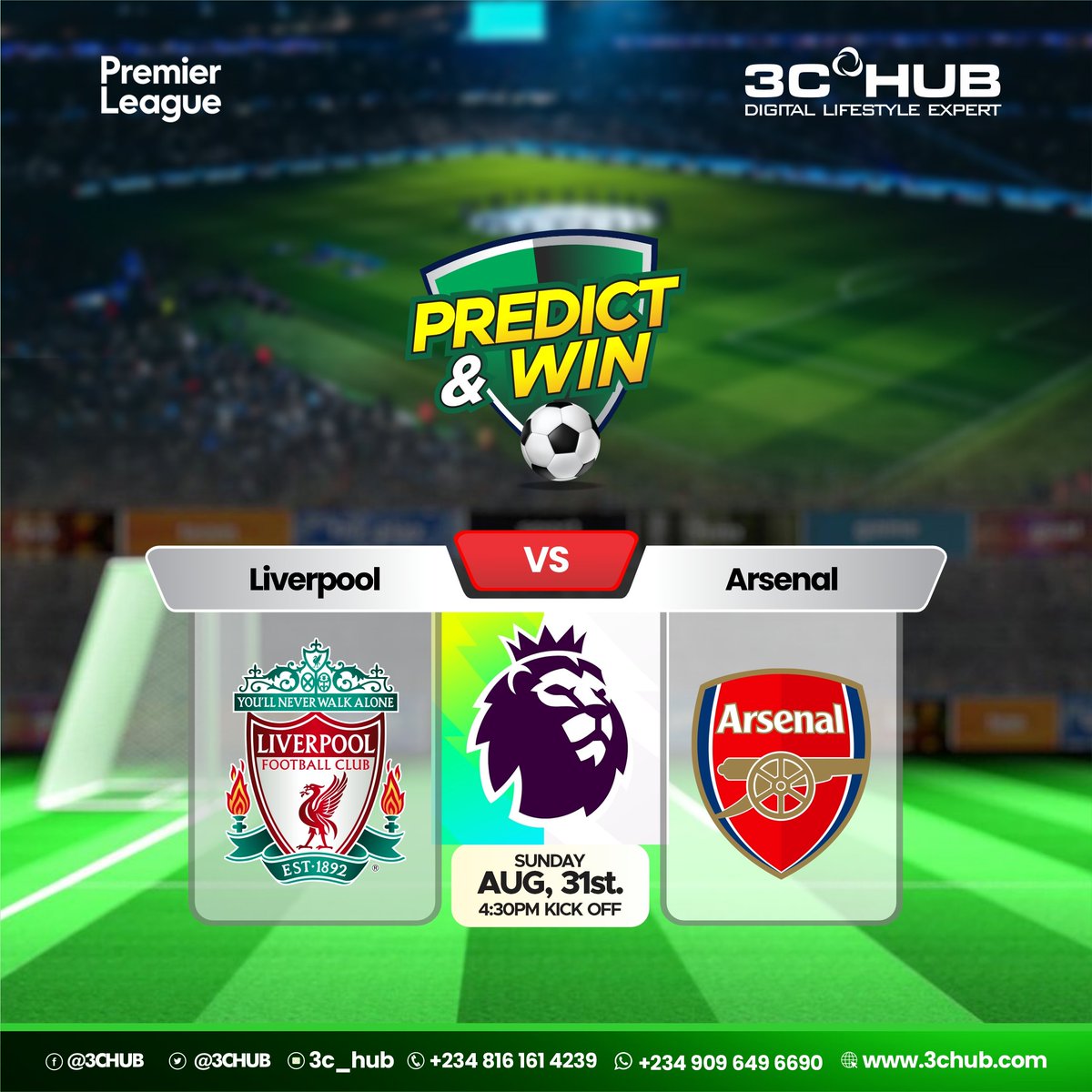 PREDICT &amp; WIN! ⚽

Liverpool 🆚 Arsenal — who wins it tomorrow at 4:30PM?

Drop your scoreline to stand a chance to be 1 of 10 winners! 

📝 Rules:
✅ Like last 5 posts
✅ Retweet + tag friends
✅ Must be following

⏳ Predictions close 30 mins before kickoff!

#3CHUB