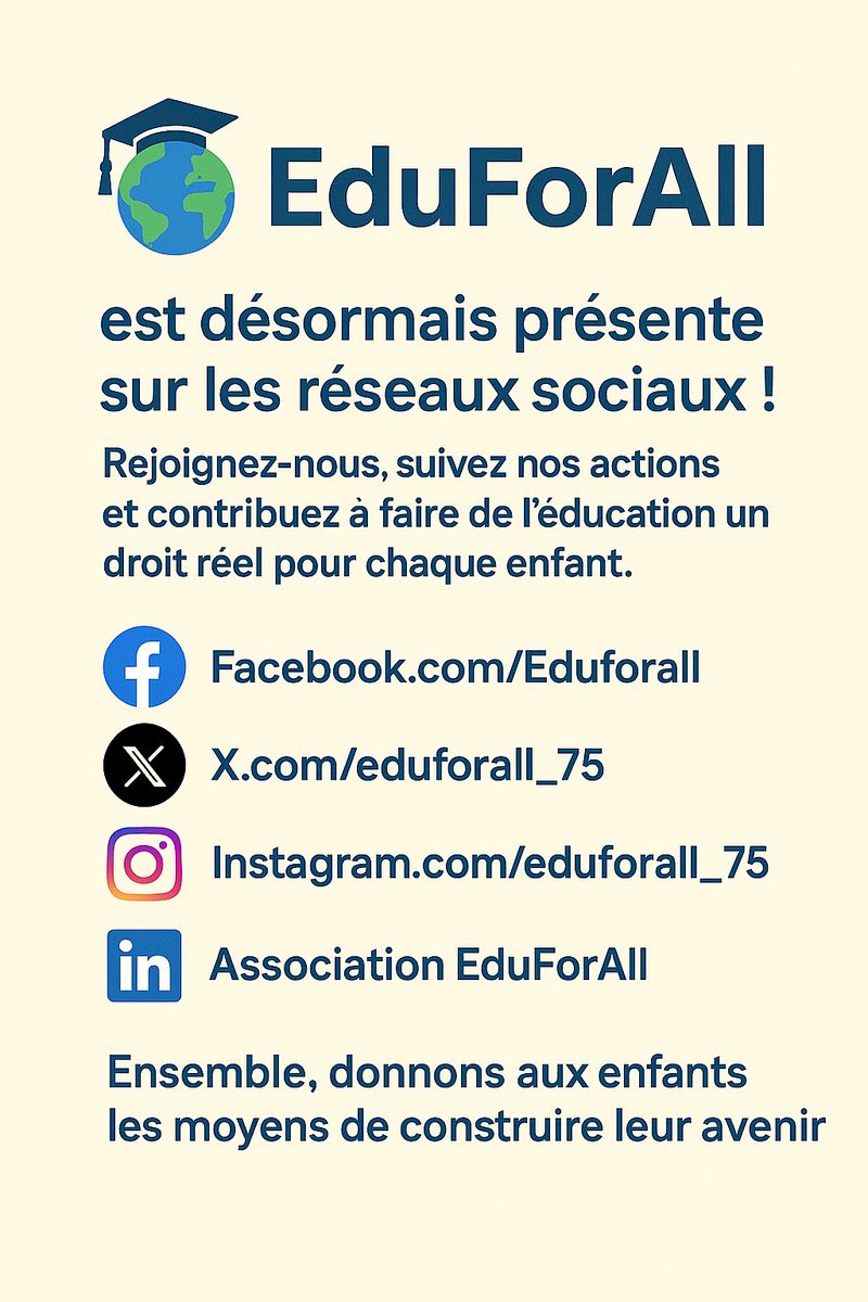eduforall_75's tweet photo. 🎉 Bonne nouvelle !

Nous avons le plaisir de vous annoncer que notre association EduForAll est désormais présente sur les différents réseaux sociaux 🤝.

📚 Ensemble, donnons aux enfants les moyens de construire leur avenir ! https://t.co/kOLpviwGyi