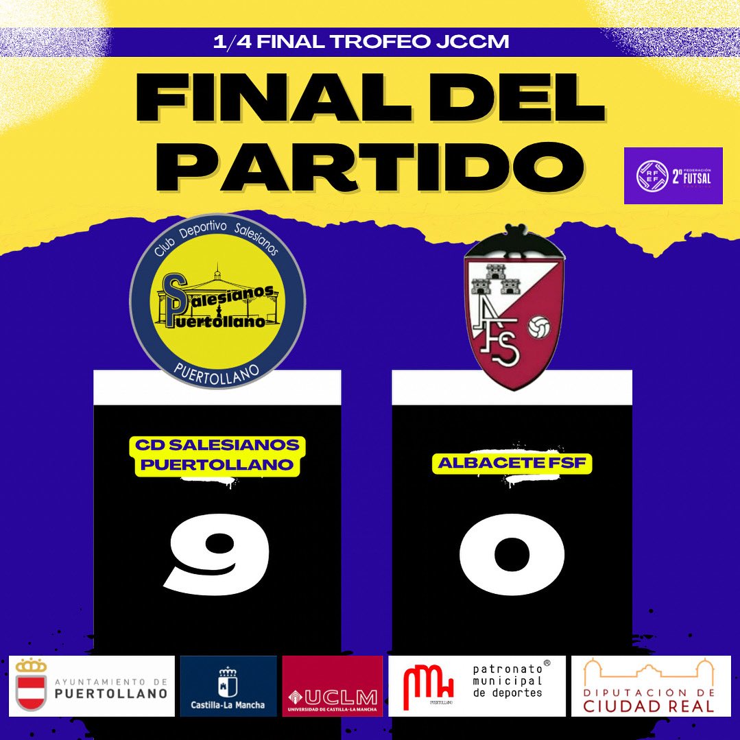 ⌚️40’ ¡FINAL DEL PARTIDO!

¡Pasamos de ronda! Nos vemos en Almagro en semifinales 😉

<a href="/CDSalesianosPto/">CD Salesianos Puertollano</a> 9️⃣-0️⃣ <a href="/AlbaceteFsFem/">Albacete Fútbol Sala Femenino</a> 

⚽️⚽️⚽️ <a href="/vickyalmagro/">Vicky Bella Ledesma</a> 
⚽️ <a href="/LauraLaloma/">Laura 🌊</a>
⚽️ <a href="/patriioliveros5/">Patri Oliveros</a> 
⚽️ <a href="/Ginger_55/">Virgi Ruiz</a> 
⚽️ <a href="/lauralatorre_lm/">laura latorre</a> 
⚽️⚽️ Propia Puerta

#TrofeoJCCM #FSF #Pretemporada