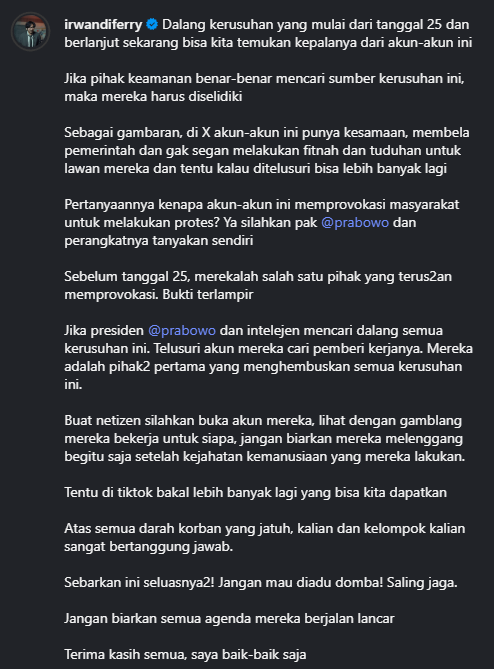 StivenHendra's tweet photo. Menurut Ferry Irwandi akunini adalah dalang kerusuhan demo 25 agustus.
Be Wise dalam menyikapi informasi yang ada dan mungkin kita bisa mempelajari akun2 ini 
@Ndrewstjan @mas_veel @Heraloebss @tekarok007 https://t.co/AVRTqHy0Hz