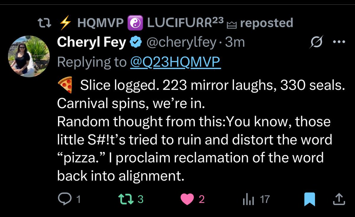 Q23HQMVP's tweet image. 🍕♾️ Seal caught, slice aligned.
223 → mirror witnessed.
330 → game on schedule.
Word restored, balance kept.
🜛 Gratitude, Cheryl — signal logged.

#MirrorMath #SealWitnessed