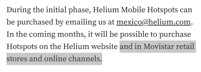 Screenshot detailing how to purchase Helium Mobile Hotspots in Mexico, including email and upcoming retail availability