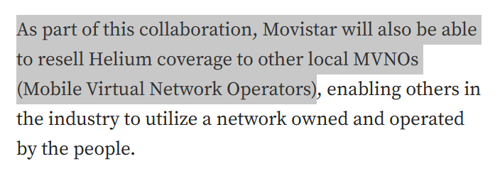 Screenshot explaining Movistar's ability to resell Helium coverage to other MVNOs, promoting a people-owned network