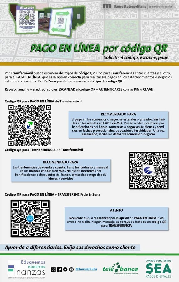 💥NO es lo mismo!!!
✅Aprenda las diferencias entre la utilización de un código QR para
👉un PAGO EN LÍNEA (sin límites en los montos y generalmente con bonificaciones) y
👉una TRANSFERENCIA entre cuentas tanto en #Transfermóvil como en #EnZona.
#EtecsaConCuba