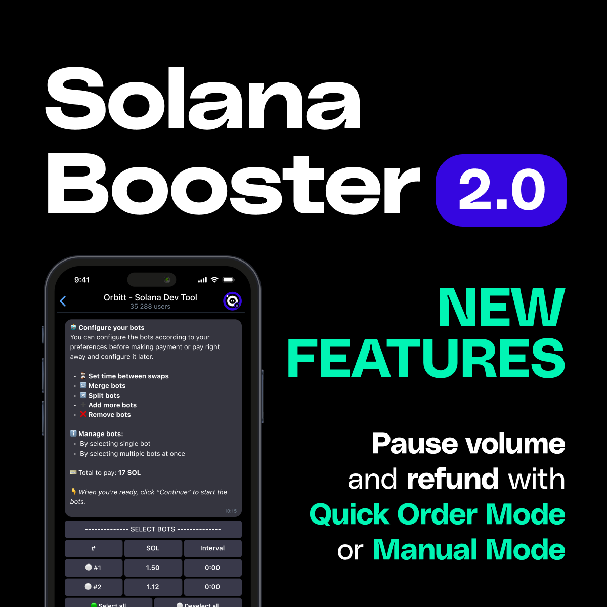 SolanaMakerCom's tweet photo. @MrSolmoon Orbitt Version2: 🔥

💥You can use your token to pay instead of sending Solana
💥Pause Volume and Refund remaining balance
💥Decide Transaction size for each bot.
💥Decide number of bots and wallets https://t.co/zIpkOoYfte