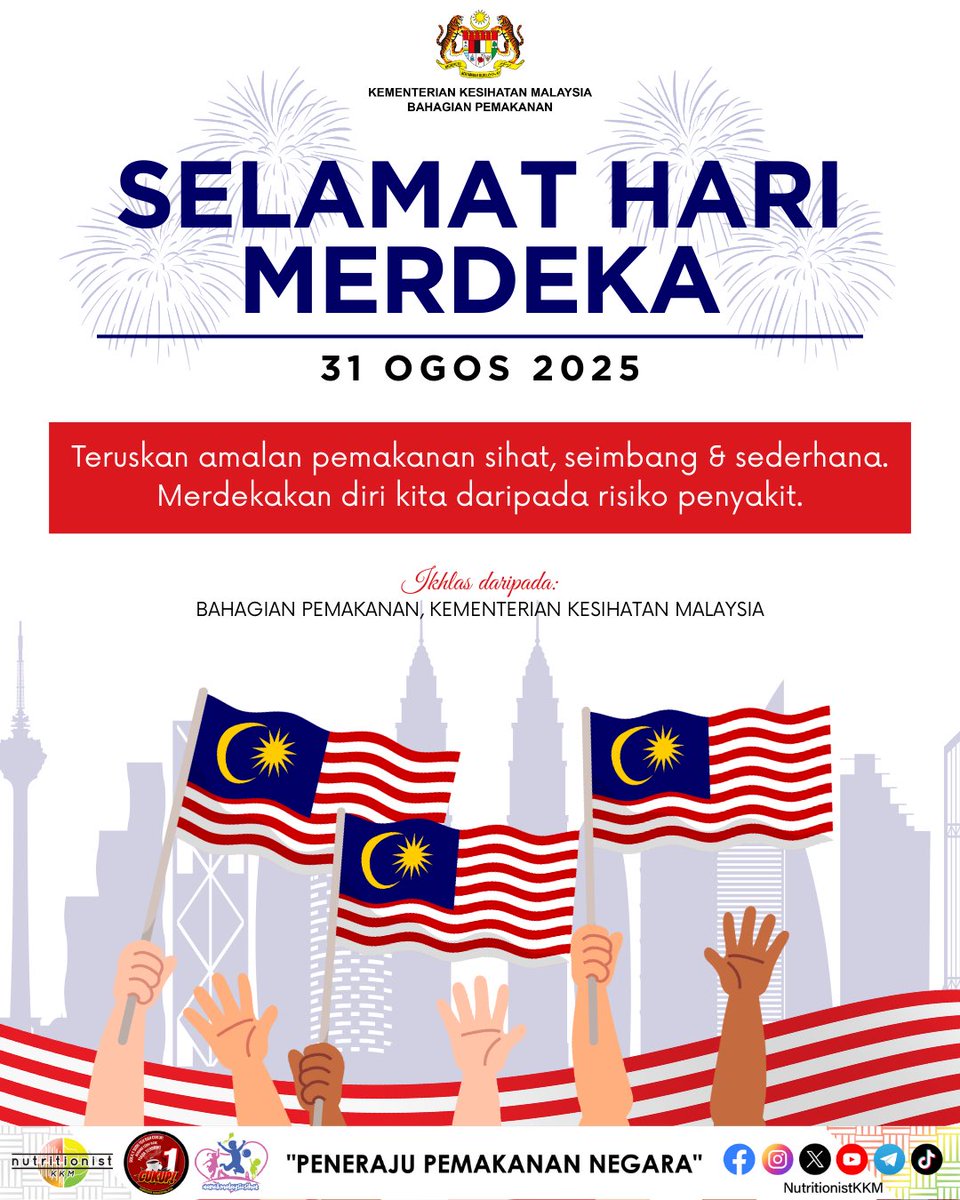 SELAMAT HARI MERDEKA KE-68 🇲🇾

Jom ambil semangat kemerdekaan negara kita dengan memerdekakan diri daripada risiko penyakit. 

Amalkan pemakanan sihat, seimbang &amp; sederhana setiap hari.

#Merdeka68
#NutritionistKKM