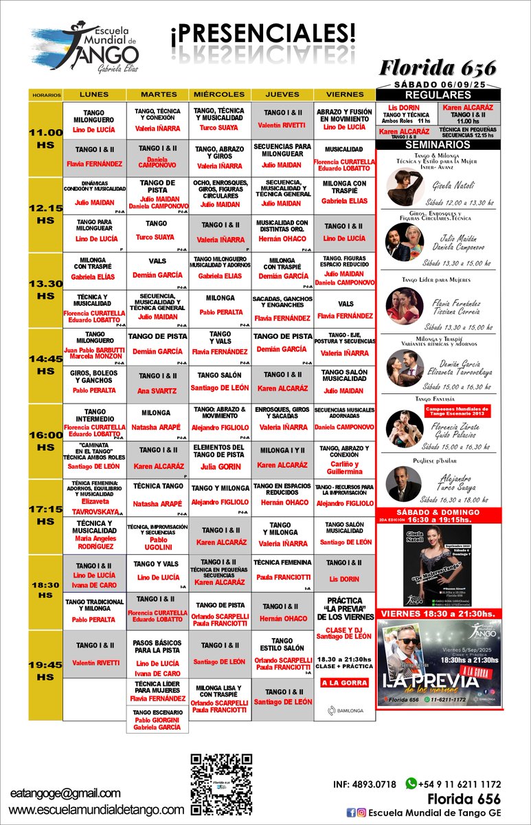 ✨"La Mundial PRESENCIAL" Semana 1️⃣ 𝐚𝐥 7️⃣ 𝐝𝐞 SEPTIEMBRE 2️⃣5️⃣
✅HORARIOS: mailchi.mp/4a76959e1a19/c…
📭 𝐅𝐥𝐨𝐫𝐢𝐝𝐚 𝟔𝟓𝟔, 1er piso, CABA, 🇦🇷
📱 +54 9 11 6211 1172
☎️ 011- 4893-0718
📧eatangoge@gmail.com
🌐 escuelamundialdetango.com
=Tango todo el día= 😊💞 #tangoclass #tango