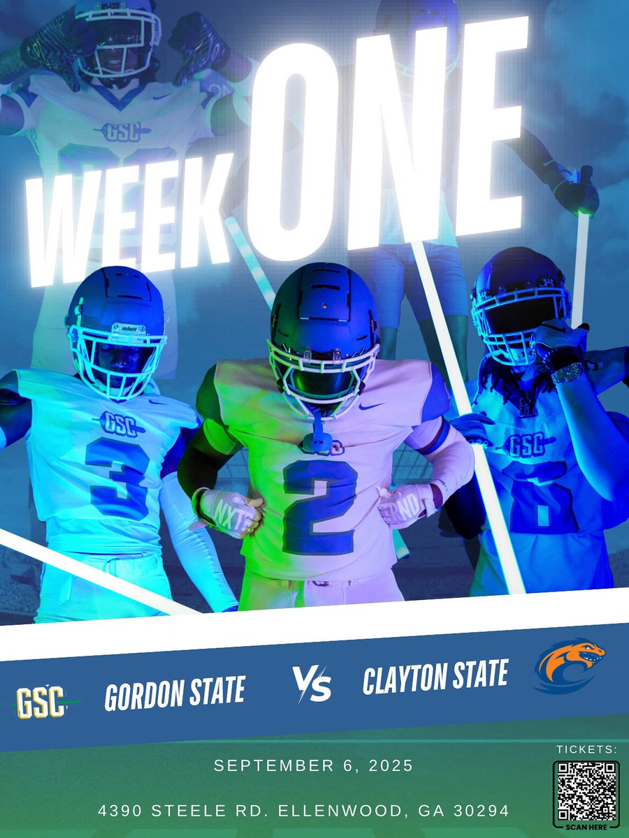 🚨 WEEK ONE 🚨
The wait is OVER. GSC hits the field vs Clayton State ‼️

📅 Sept 6th, 2025
📍 4390 Steele Rd, Ellenwood, GA

Be there when history starts. 🟢🔵
#GSCFootball #GoHighlanders #WeekOne