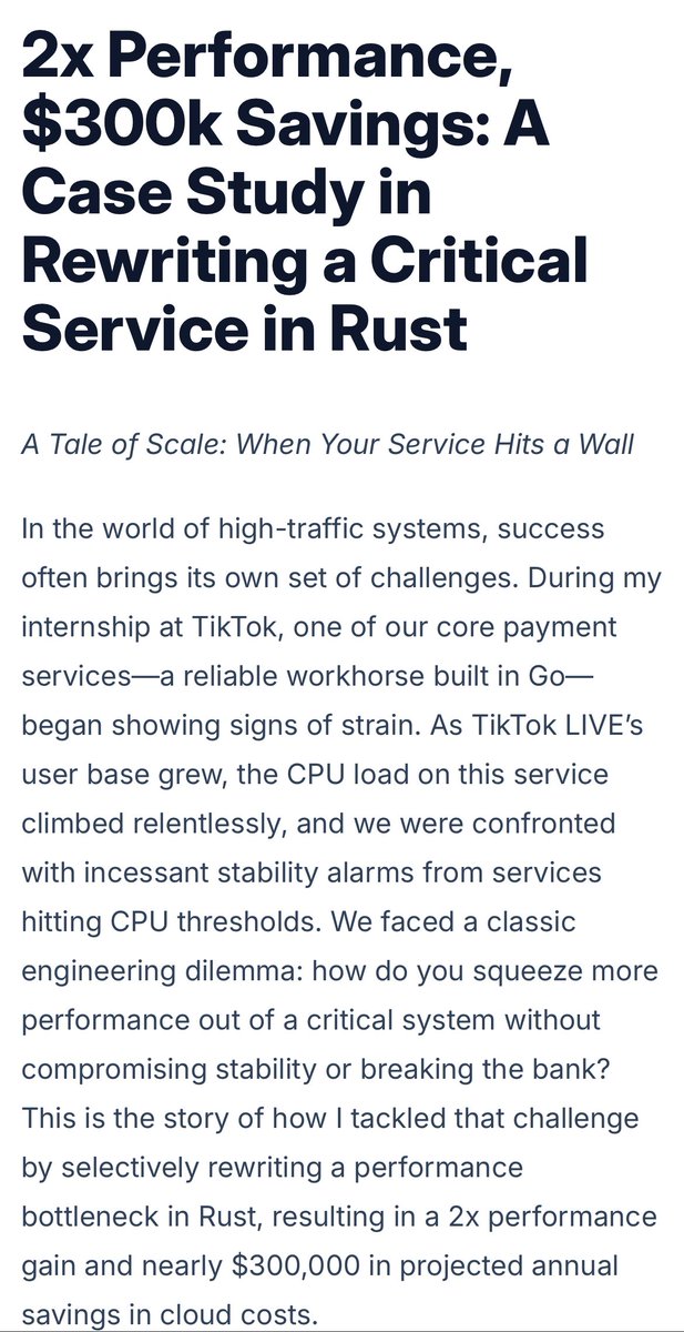 Hoy estaba leyendo este post que explicaba como cambiando un servicio crítico de TikTok de Go a Rust les haría ahorrar 300k el año.

En el 2024 TikTok hizo 23b de ingresos, 300k significan para TikTok 7 minutos.

Si este servicio pasara a producción (que no pasó, no lo dice en el