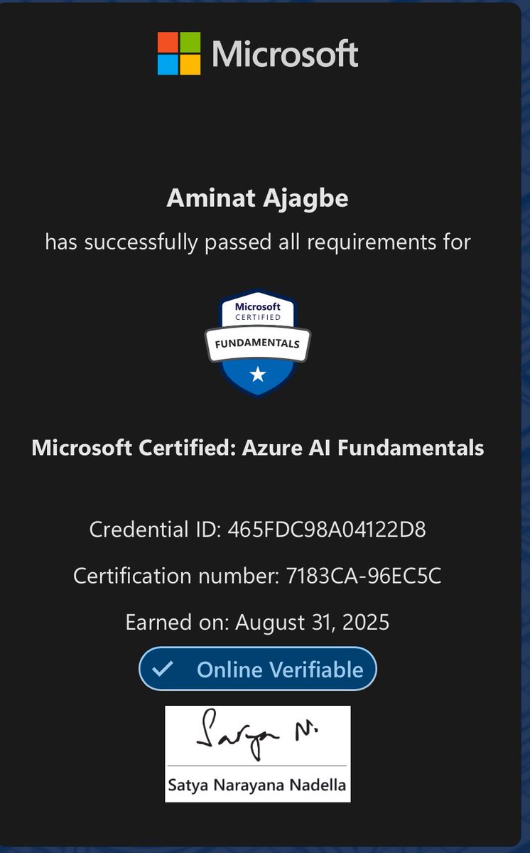 a3ajagbe_dev's tweet photo. It's 1:15 am where I'm at and I just concluded my AI-900 (Microsoft Certified: Azure AI Fundamentals) exam. 

I'm glad I passed successfully on the first attempt. https://t.co/2HH73DqmWz