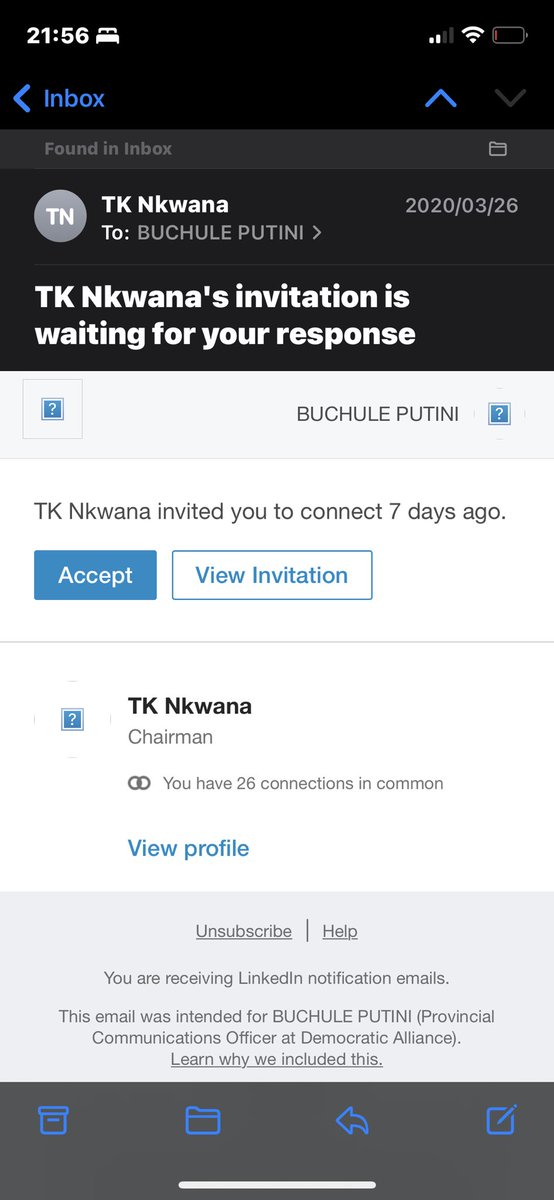 Buchule_Putini's tweet photo. Funny story: Back in 2020, the TK Nkwana profile connected with me on LinkedIn. I accepted since we had 26 mutual connections. I’m invested in this story because this guy also tried to scam me but I didn’t fall for it. A mini 🧵#TrackingThaboBester https://t.co/yCQwRuHCax