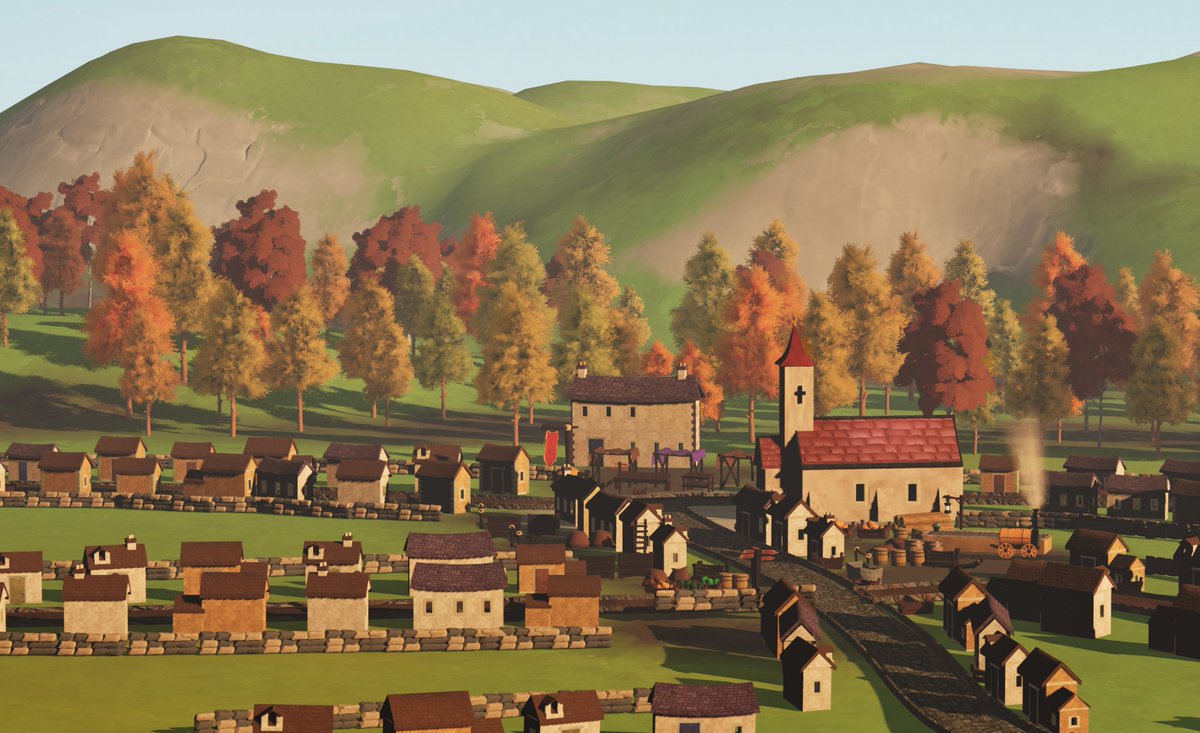 Autumn market morning — little town/rail builder WIP. Procedural stone walls (PCG), painterly roofs, first pass smoke. More to come!
#screenshotsaturday #indiegames #indiedev 

flaghippo.uk/2025/08/30/dev…