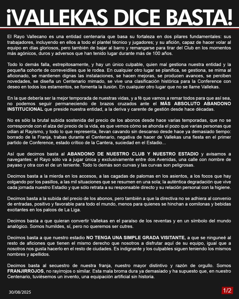 FernandoSebas73's tweet photo. Vallekas sin su gente no es nada.
Y repito, esto solo se revienta desde dentro, sí, JUGADORES y CUERPO TÉCNICO. https://t.co/h1qNwPVrLt