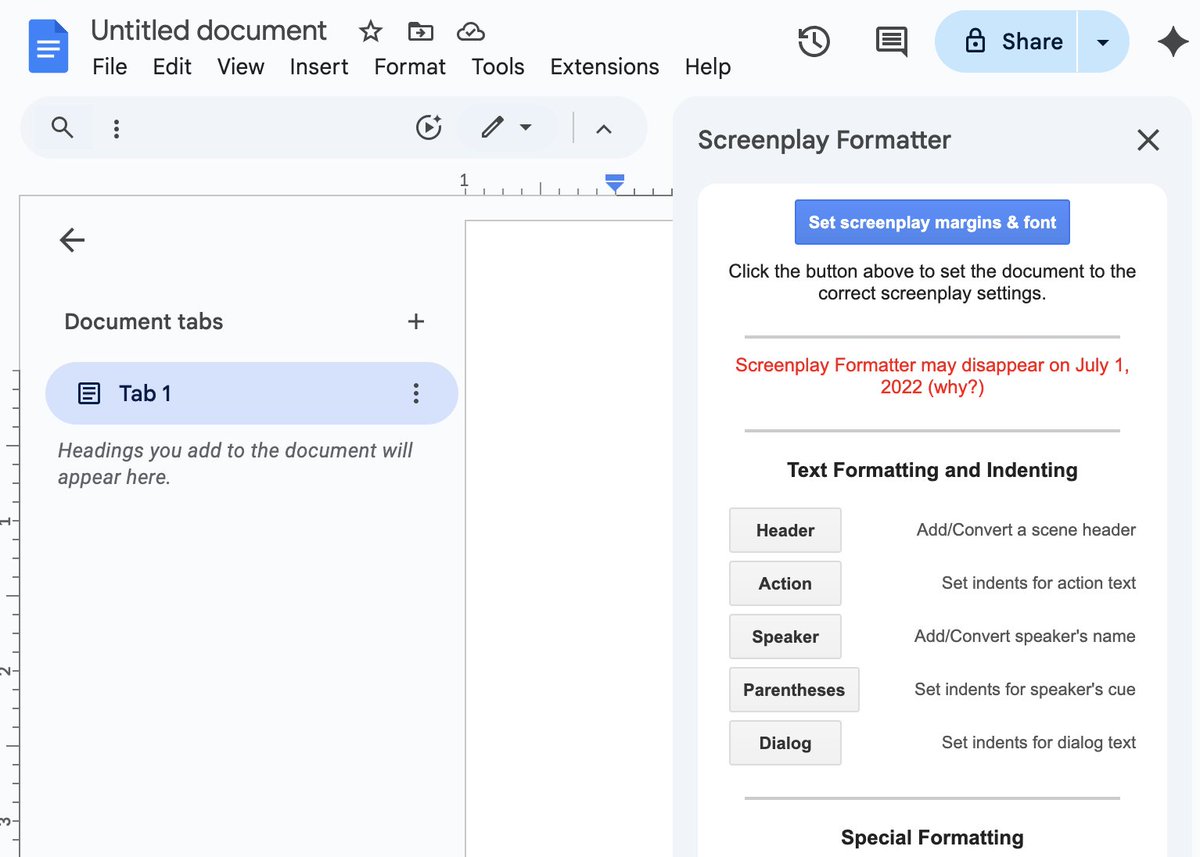 if this google doc Screenplay Formatter extension that was supposed to disappear on July 1, 2022 ever actually goes away krazam may never write another script again