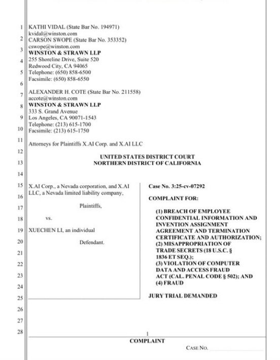 🚨 X-PIONAGE DEEP DIVE

The xAI vs. Xuechen Li Lawsuit; 
Trade Secrets Stolen for OpenAI?

👉 xAI accuses former engineer Xuechen Li of stealing the full Grok codebase and passing it to OpenAI after accepting a job there. This betrayal highlights fierce AI rivalries.

Key Events: