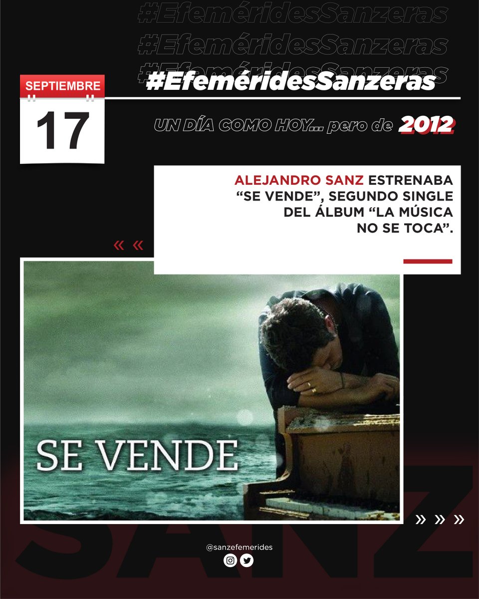 🗓 | #EfemeridesSanzeras 

Un día como hoy, <a href="/AlejandroSanz/">Alejandro Sanz</a> estrenaba "Se Vende", segundo single del álbum "La música no se toca". 

#AlejandroSanz  
#UnDíaComoHoy #TalDíaComoHoy #Efemérides