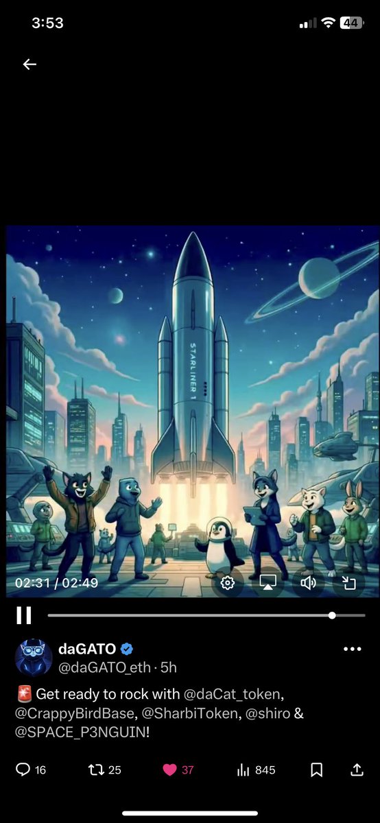 SPACE_P3NGUIN's tweet photo. @daGATO_eth @daCat_token @CrappyBirdBase @SharbiToken @shiro Wowwww we’re honored to be a part of DaCat universe & this meme music video!🐧🩵
Shout out from the SpacePenguin colony!!! 🎸
Sounds great 😊 🎼
#DaCat #Sharbie #CrappyBird #Shiro https://t.co/W4VpCfGn5a