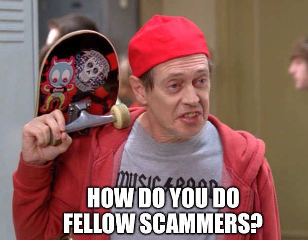 Meme of Steve Buscemi saying 'How do you do fellow scammers?'