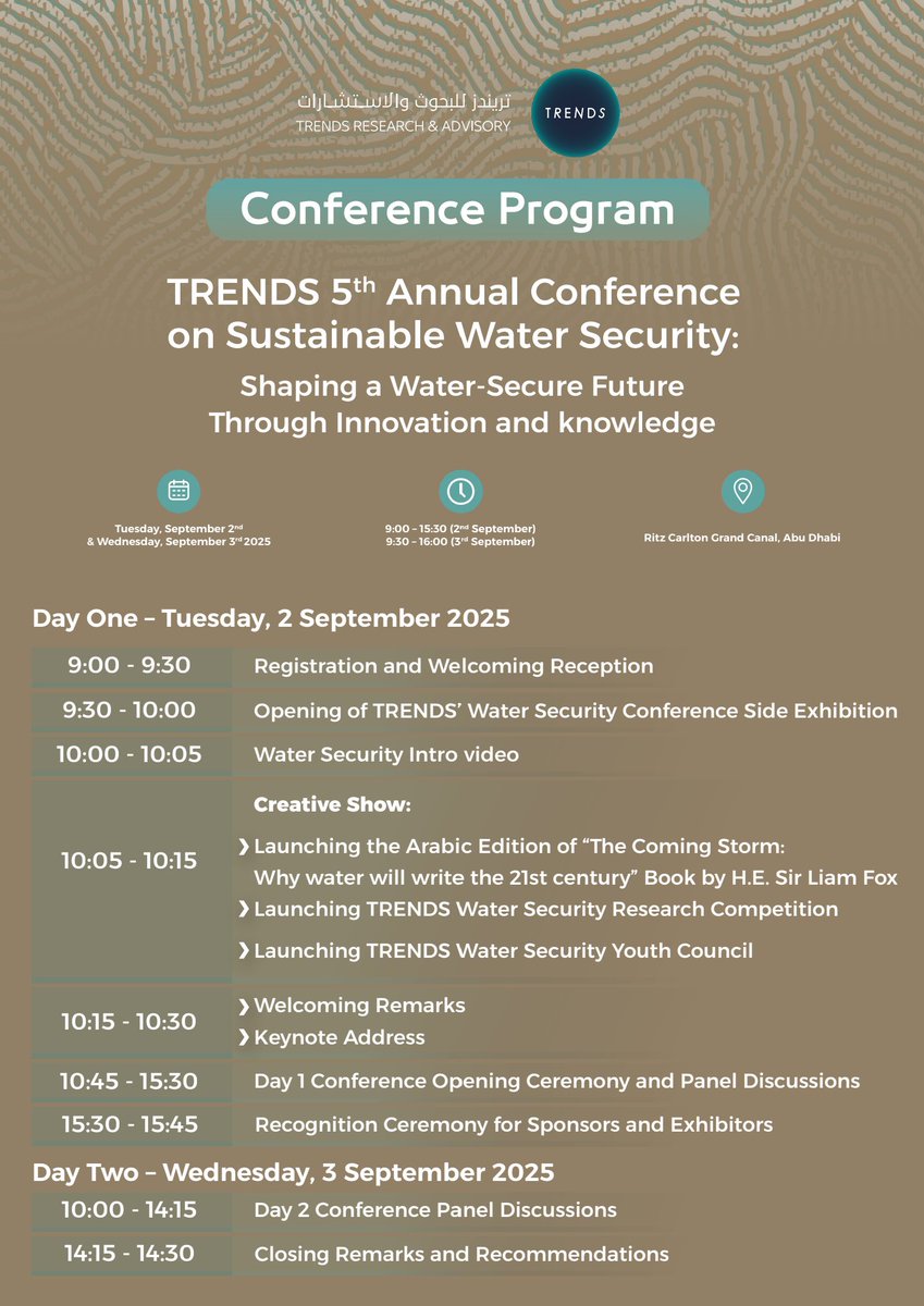 Conference Program for TRENDS 5th Annual Conference on Sustainable Water Security Sept 2- Sept 3 at Ritz Carlton Grand Canal, Abu Dhabi 

#UAE