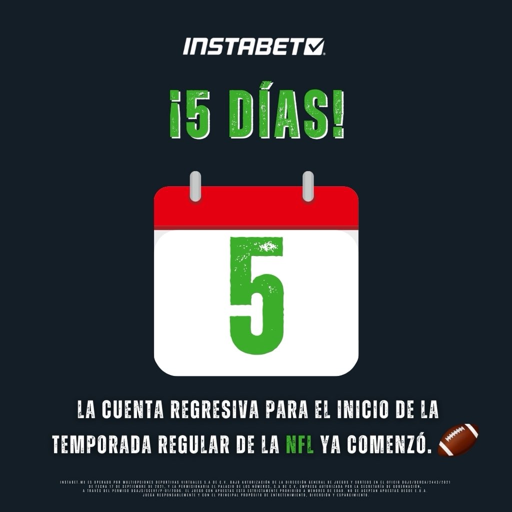 ¡Estamos muy cerca! ⏳ 

Faltan solo 5 días para vibrar con toda la emoción del emparrillado. 🏈🔥

Regístrate hoy en Instabet Mx y disfruta de bonos exclusivos que te harán vivir cada jugada al máximo. ✅

#nfl #countdown #nflseason #sports #sportbet #football #instabetmx