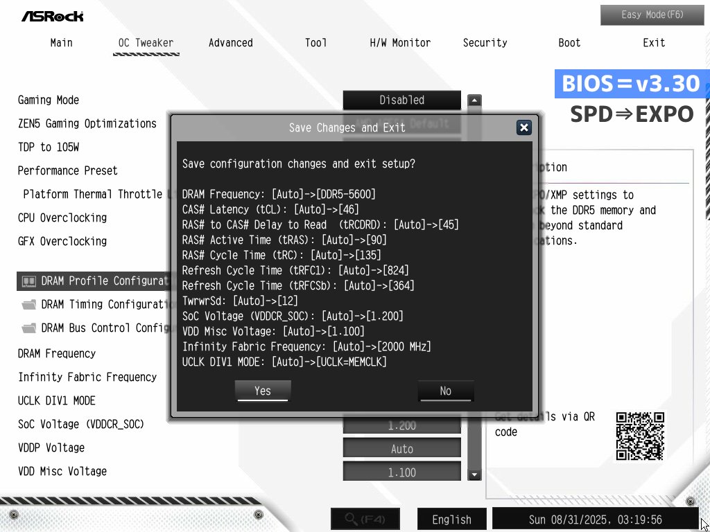 ASRock X870 Steel Legend WiFiのBIOSバージョン「v3.40」において