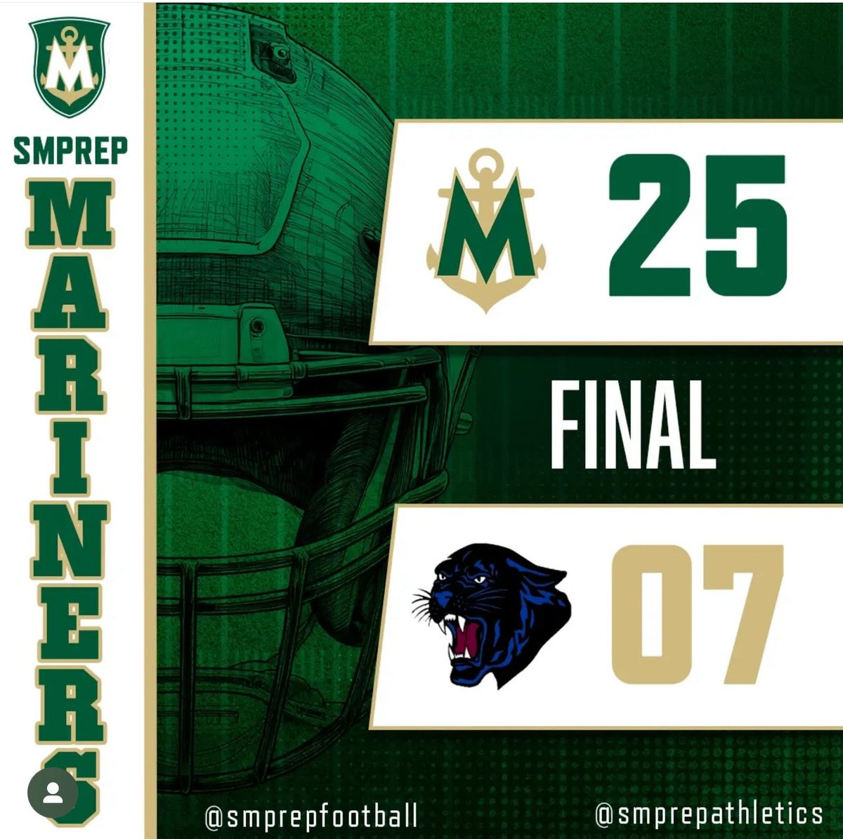 Mariners were victorious against the Panthers. 2-0 on the road. 
<a href="/CoachTBarnes/">CoachTBarnes</a> 
#smprep #smprepfootball
#AllHailTheGreenAndGold