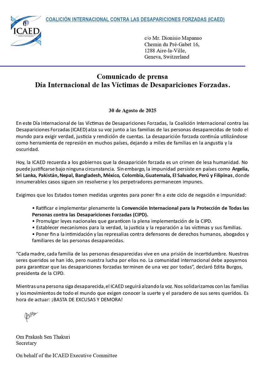 📢 Hoy, 30 de agosto, la ICAED comparte su comunicado por el Día Internacional de las Víctimas de Desapariciones Forzadas.
👉 Léelo completo aquí 👇