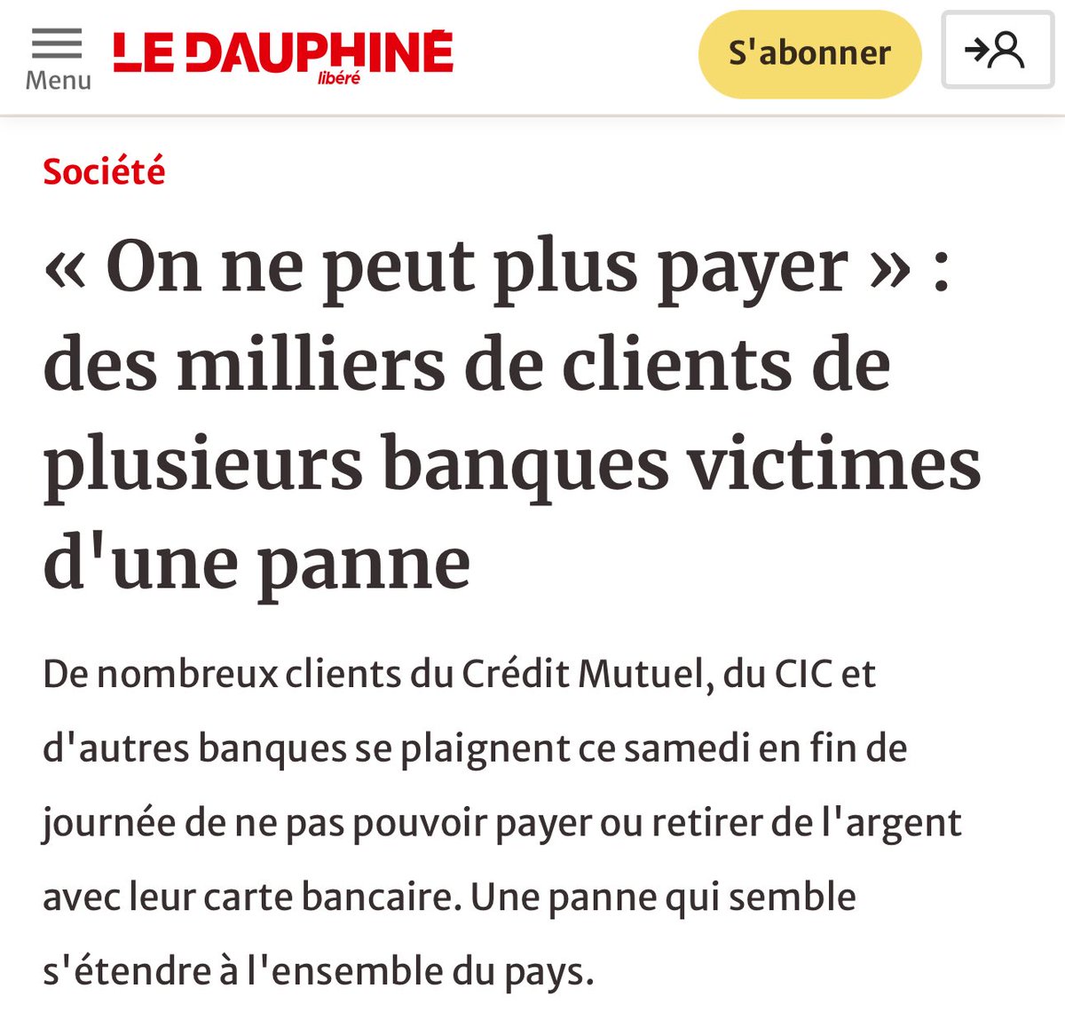 🔴🇫🇷 Une panne informatique majeure touche plusieurs établissements bancaires français : CIC, Crédit Mutuel, La Banque Postale, Caisse d’Épargne, BNP Paribas, Société Générale, Banque Populaire, crédit agricole et LCL.

Les cartes Visa et Mastercard sont également concernées,