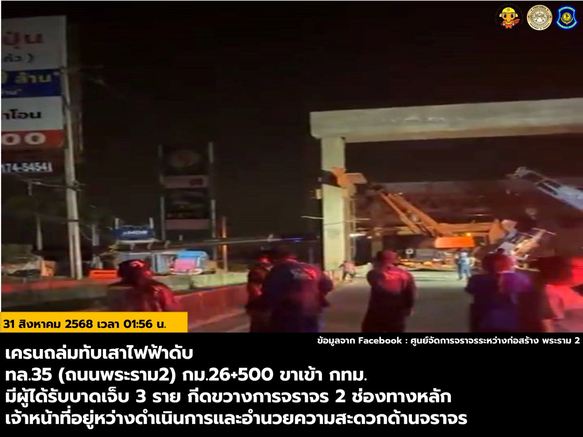 วันอาทิตย์ที่ 31 สิงหาคม 2568 เวลา 01:56 น.
เครนถล่มทับเสาไฟฟ้าดับ
ทล.35 (ถนนพระราม2) กม.26+500 ขาเข้า กทม. 
มีผู้ได้รับบาดเจ็บ 3 ราย กีดขวางการจราจร 2 ช่องทางหลัก 
เจ้าหน้าที่อยู่หว่างดำเนินการและอำนวยความสะดวกด้านจราจร
 #รายงานการจราจร #อุบัติเหตุเครนถล่มทับเสาไฟฟ้าดับ