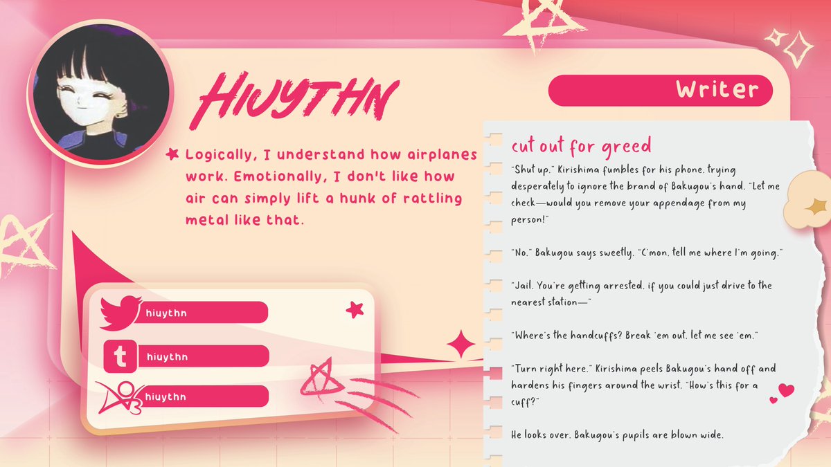 pillowfortzine's tweet image. 💭 CONTRIB INTRO #14

Say hello once more to @hiuythn 🌸 Yv has been writing KRBK for years. No matter if funny or emotional: Her stories are captivating, with a characterization of Bakugou and Kirishima that&apos;s instantly charming every time!