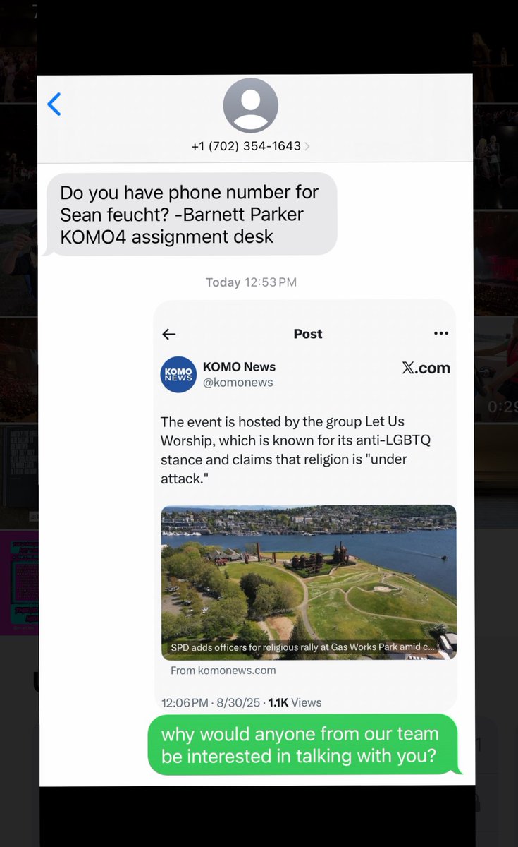 russellbjohnson's tweet image. slander an outdoor worship event as being “anti-LGBTQ”. encourage violence against Christians. and then text the pastor asking for an interview.

not a smart strategy @komonews