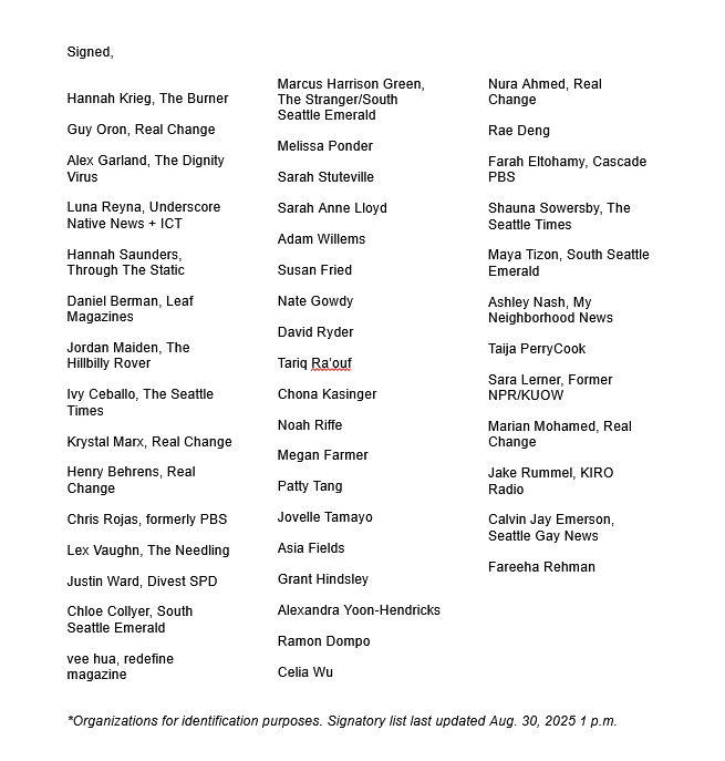 GuyOron's tweet photo. 46 Seattle journalists and media workers have now signed onto our open letter condemning Israel's killings of Palestinian journalists in Gaza and calling for their protection https://t.co/g9qAS2Ee7z