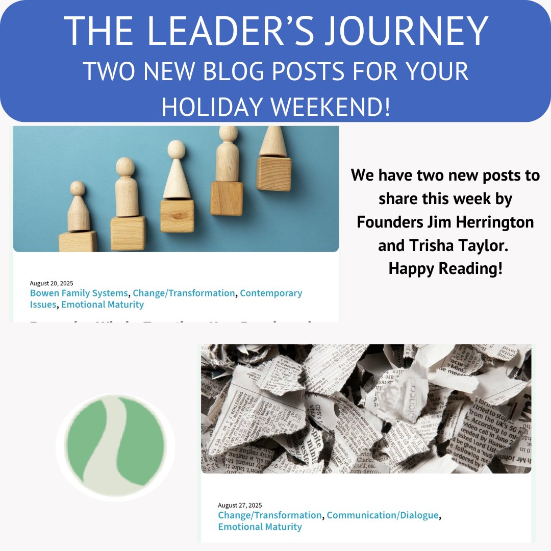 TheLeadersJour1's tweet image. Catch up on some light holiday weekend reading with TLJ as our founders Jim Herrington and Trisha Taylor guide us on becoming whole and cleaning up our messes. #BowenFamilySystems #Transformation #ContemporaryIssues #EmotionalMaturity #Communication
*visit our Linktree for more!