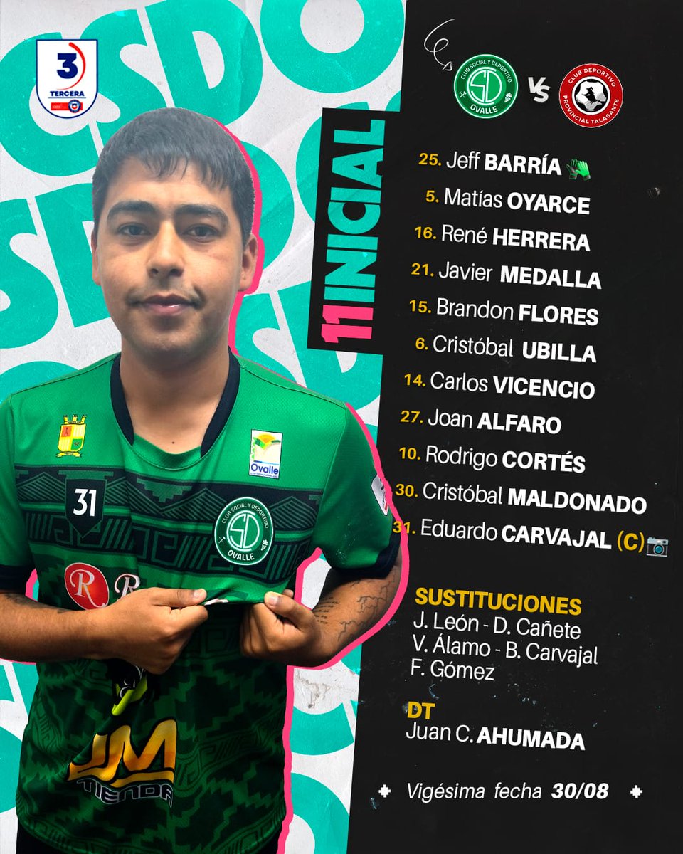 𝐎𝐍𝐂𝐄 𝐈𝐍𝐈𝐂𝐈𝐀𝐋❗️

Con este equipo enfrentaremos a Talagante en el Estadio Diaguita ⚽️ 

A las 17:00 hrs inicia el partido ✍️

¡Asiste al estadio y apoya al equipo! 💚

#Ovalle #CSDOvalle #ElEquipoDeLaGente 🇳🇬