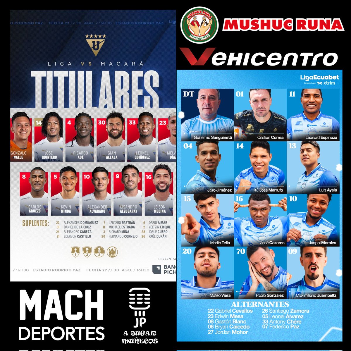 Jean Pierre Villarruel M (@jeanpivillam) on Twitter photo Listos desde el 🏟️ #RodrigoPazDelgado #LigaEcuabet
Sintoniza <a href="/MachdeportesFM/">Machdeportes ✨ Gente Que Sabe De Radio</a> 📻 91.7FM PCH Y 107.7FM GYE
#AJugarMuñecos <a href="/LDU_Oficial/">LDU Oficial</a> 🆚 <a href="/Macara_Oficial/">Club Dep. Macará</a>
Gracias al auspicio de
<a href="/mushucrunacoac/">Mushuc Runa COAC</a>
<a href="/vehicentro/">Vehicentro EC</a> Listos desde el 🏟️ #RodrigoPazDelgado #LigaEcuabet
Sintoniza <a href="/MachdeportesFM/">Machdeportes ✨ Gente Que Sabe De Radio</a> 📻 91.7FM PCH Y 107.7FM GYE
#AJugarMuñecos <a href="/LDU_Oficial/">LDU Oficial</a> 🆚 <a href="/Macara_Oficial/">Club Dep. Macará</a>
Gracias al auspicio de
<a href="/mushucrunacoac/">Mushuc Runa COAC</a>
<a href="/vehicentro/">Vehicentro EC</a>