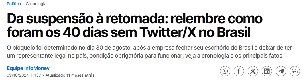 Hoje completa 1 ano da suspensão do Twitter. Durante 40 dias milhões foram tratados como criminosos no Brasil e alvo de censura prévia. Com uma canetada a rede foi suspensa e instituíram multa diária de 50 mil para cada cidadão que acessasse via VPN.

O momento nunca deve ser
