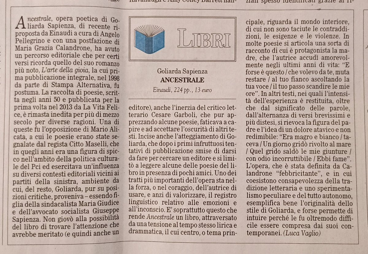 Su <a href="/ilfoglio_it/">Il Foglio</a> scrivo di "Ancestrale", il libro di poesia di Goliarda Sapienza, riproposto da <a href="/Einaudieditore/">Einaudi editore</a>, a cura di Angelo Pellegrino e con una postfazione di Maria Grazia Calandrone #poesia