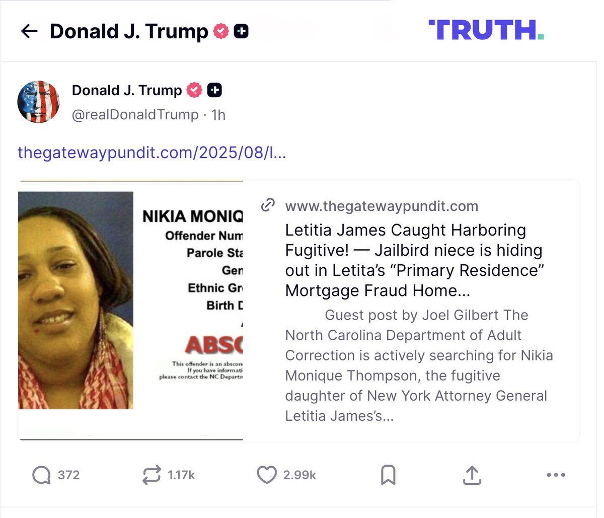 NY AG Letitia James's decision to weaponize the justice system against Donald Trump was anti-American. Now Letitia will answer for all her real crimes, including mortgage fraud, harboring a fugitive, and marrying her father.
thegatewaypundit.com/2025/08/letiti…