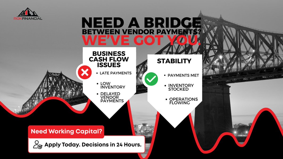 Late payments? Low inventory? Vendor payments delayed?
Need a bridge between payments?
ROK's financing options keep your business flowing -  fast approvals, decision in 24 hours. 💼⚡️

Apply today and build your bridge to stability.