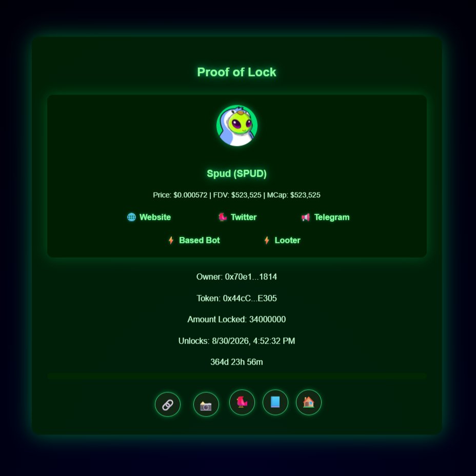 SPUDTheAlien's tweet image. 🚀 SPUD Cosmic Locker is LIVE!
We just locked away 3.4% of supply ($20K) for 1 year 🔒🌌
👉 Proof of Lock: locker.spudonabstract.com/#/proof/0x44cC…
👉 Explore Locker: locker.spudonabstract.com

More locks. More burns. More big news coming.
The galaxy belongs to $SPUD 🥔✨
#Abstract #SPUD…