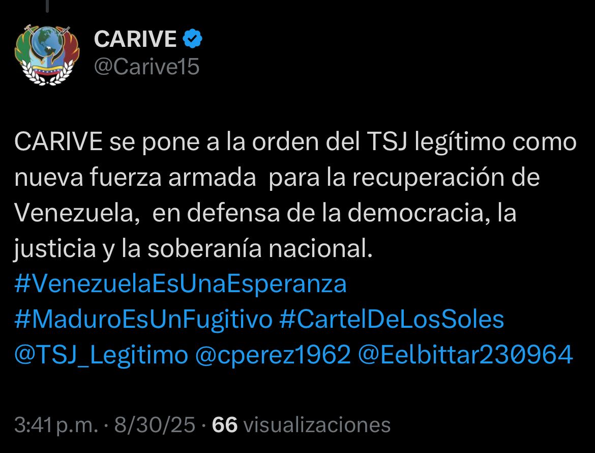 El mensaje es claro: CARIVE se une a las instituciones legítimas para rescatar la República.  El futuro de #Venezuela no será dictado por criminales,  sino por la voluntad del Pueblo. 
      "Nada detendrá la justicia "
#VenezuelaEsUnaEsperanza #MaduroEsUnFugitivo #TSJ_LEGÍTIMO