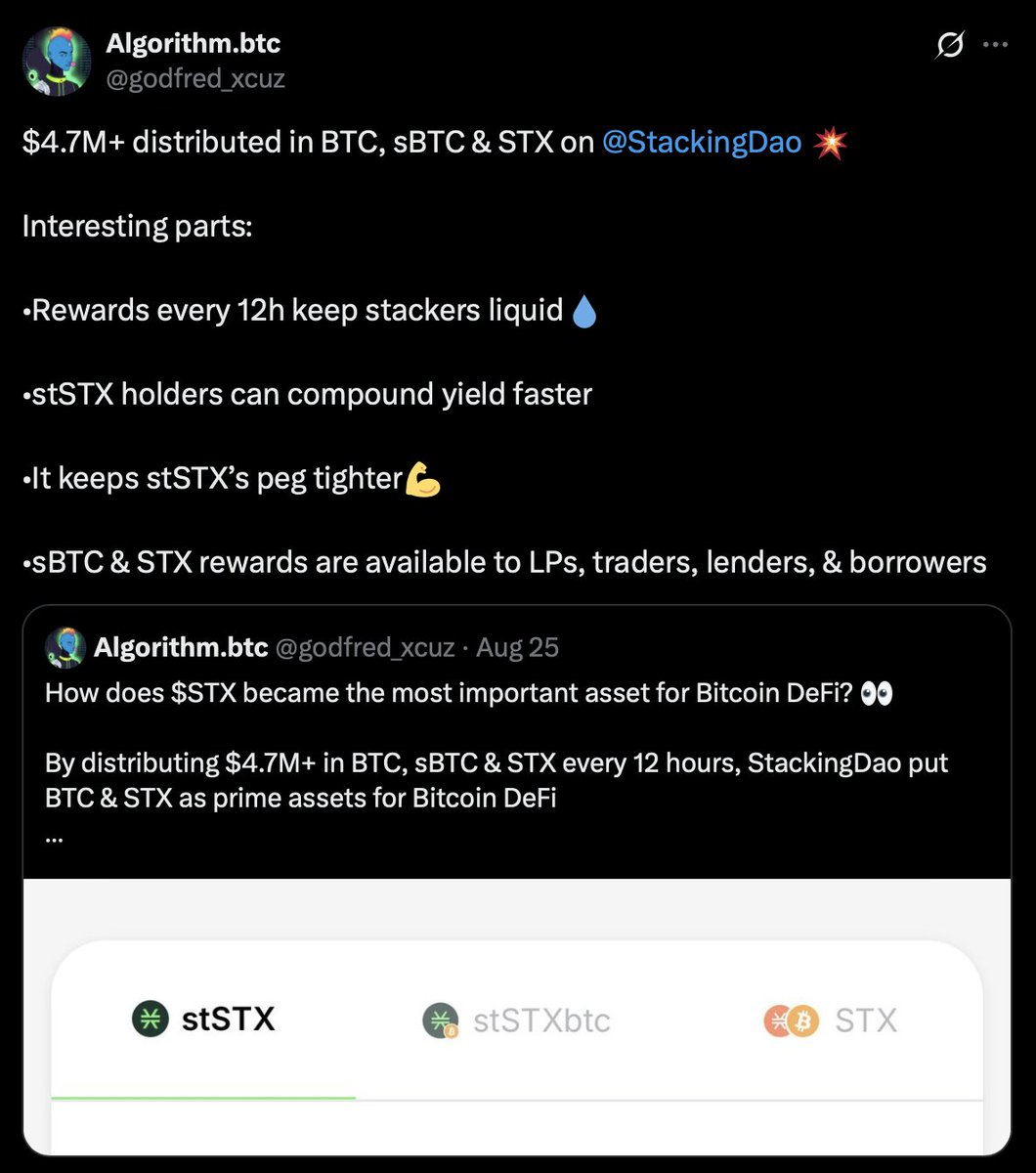 Stacks content creators are the cornerstone of our community 🧡

Huge shoutout to Stacks OG <a href="/godfred_xcuz/">Algorithm.btc</a> for consistently delivering quality posts on the ecosystem.

From project updates to feature deep-dives, Algo always has you covered.

(1/5).