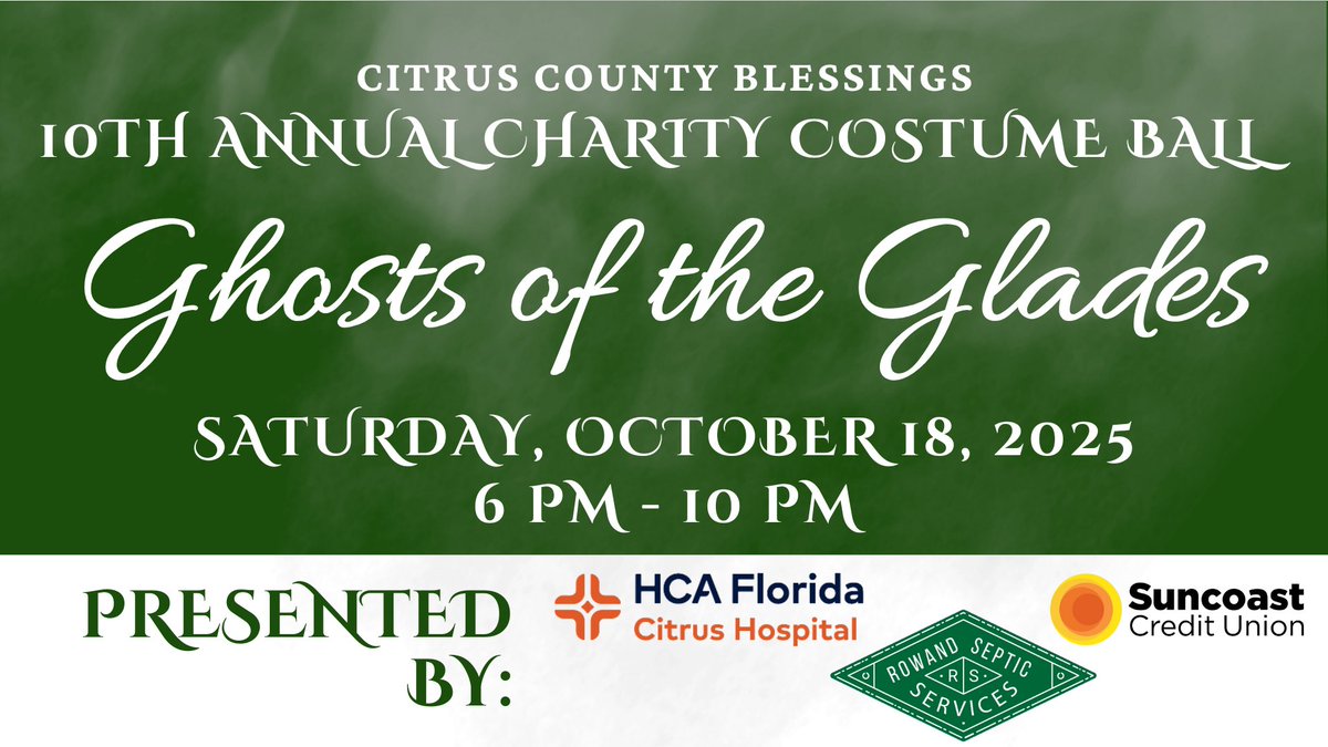 Join us on October 18th at Sweet Citrus Acres for the 10th Annual Charity Costume Ball supporting Citrus County Blessings, presented by HCA Citrus Hospital, Rowand Septic, and SCU. 

Tickets &amp; sponsorship avail, loom.ly/b1E3BKs
— seating is LIMITED, reserve yours today!