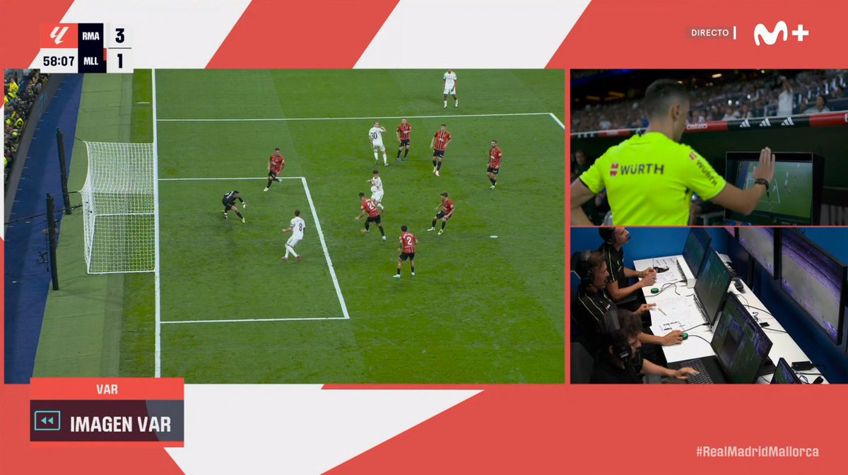 ArchivoVAR's tweet photo. 🖥️💥 Intervención impecable del VAR en el Real Madrid - Real Mallorca.

👉🏻 Arda Guler toca el balón con el brazo y, tras un primer remate rechazado por Leo Román, termina marcando.

✅ 𝗘𝗦 𝗠𝗔𝗡𝗢.

▪️ Pese a ser accidental, es una mano punible al ser cometida por el goleador. https://t.co/XPi0sGgcTa