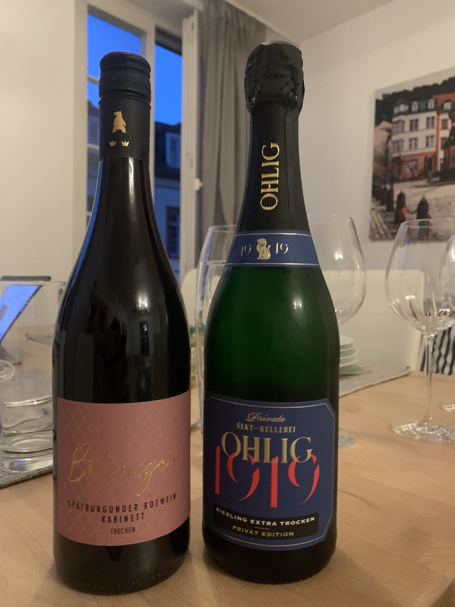 Celebrating #1 child’s job offer with something local in Germany. 

Rheingau Riesling Sekt and a Spaetburgunder aka Pinot Noir.