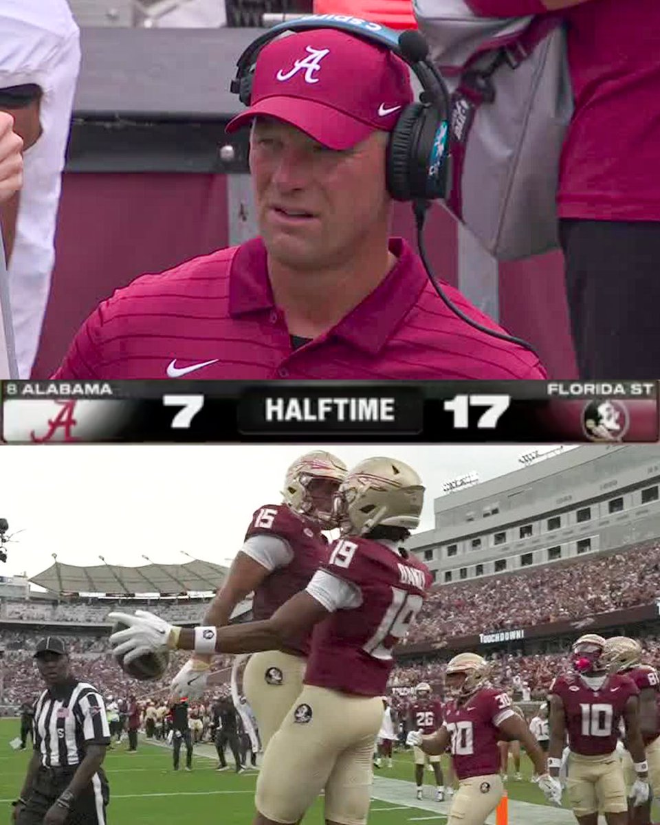 espn's tweet image. UNRANKED FLORIDA STATE LEADS NO. 8 ALABAMA AT HALFTIME 😳