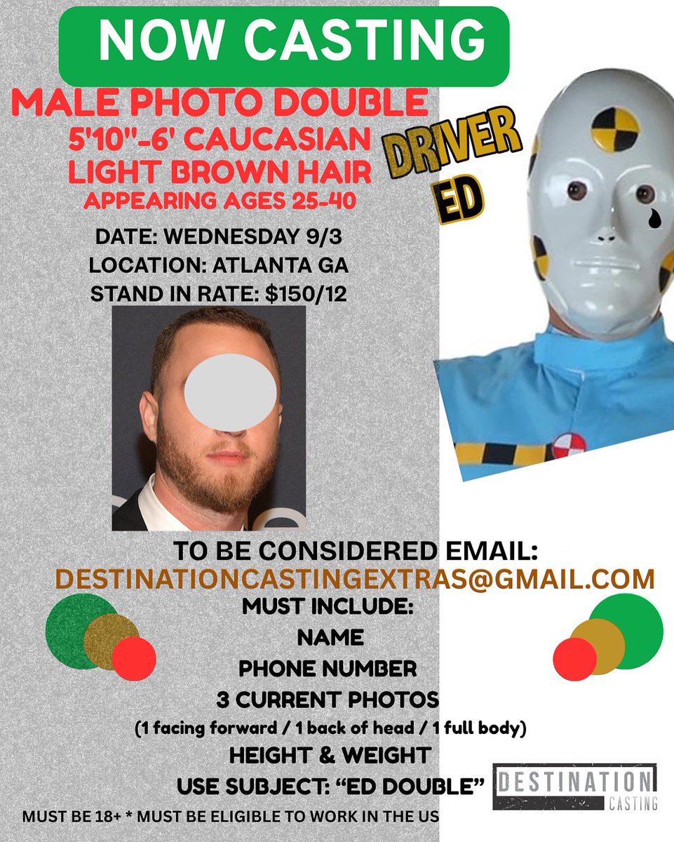 CastDestination's tweet image. NOW CASTING MALE PHOTO DOUBLE FOR FEATURE FILM "ED"! 
Submit today: destinationcastingextras@gmail.com